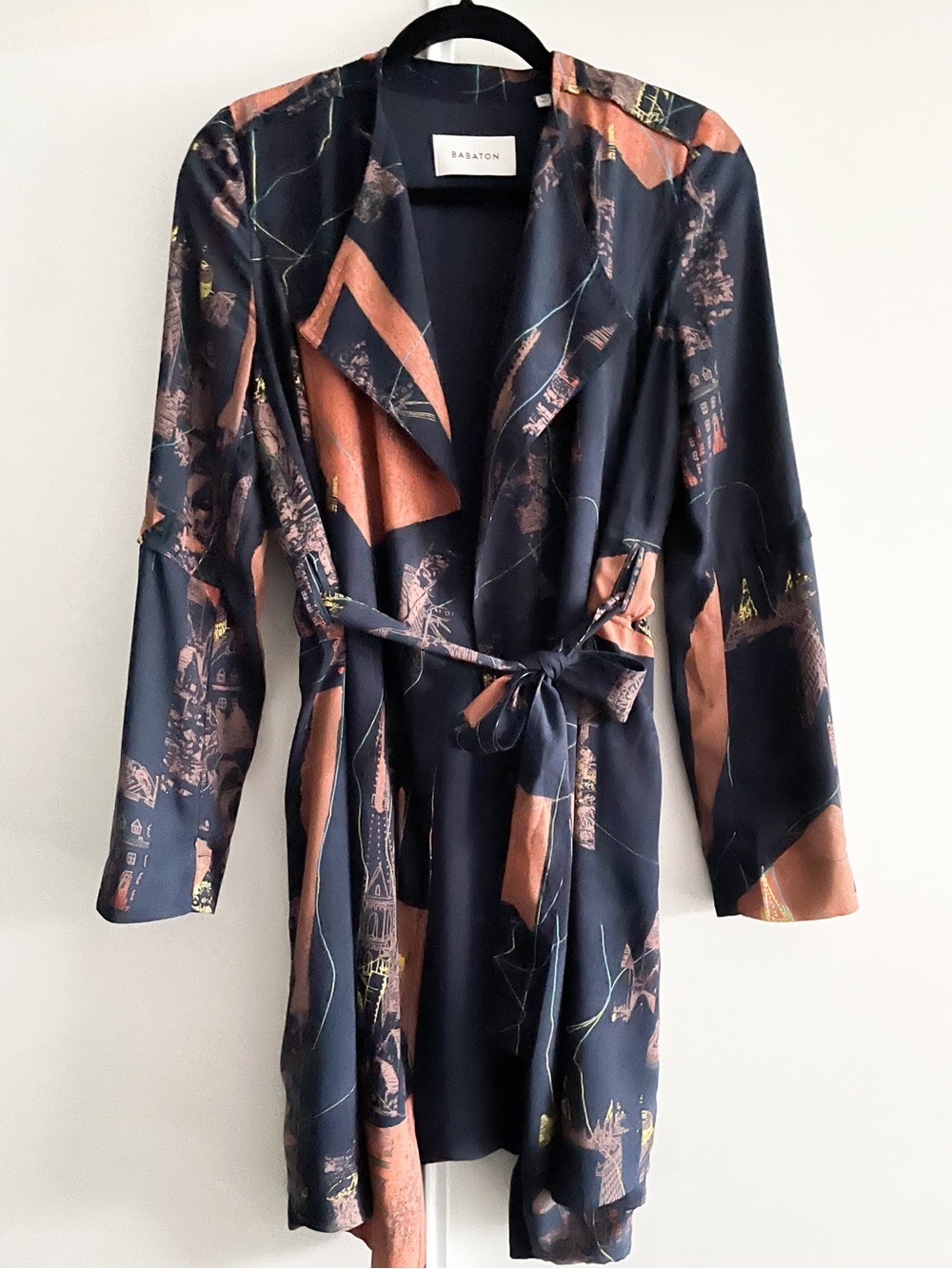 Babaton Navy & Rust Abstract City Scape Trench Coat